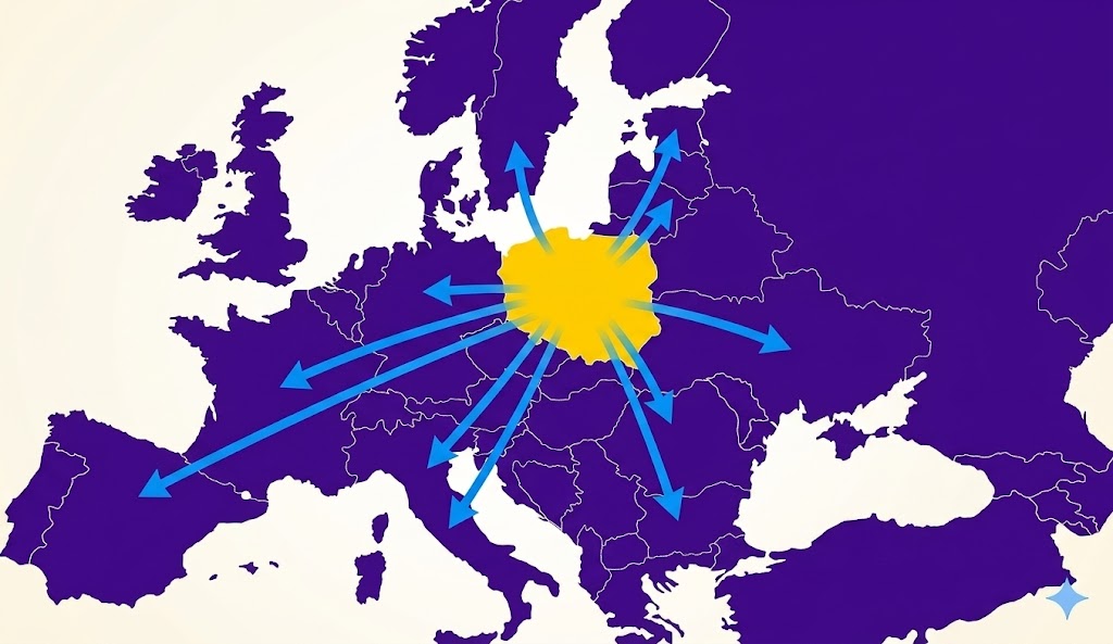 Map of Europe with logistics routes radiating from Poland - SONIA pan-EU delivery